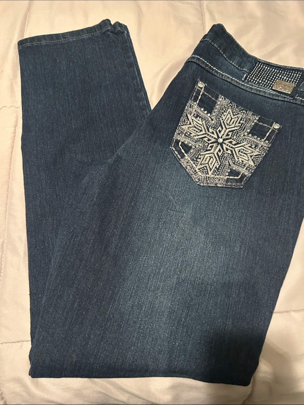 One 5 One Dark Blue Straight leg Jeans with Embroidered Back Pocket